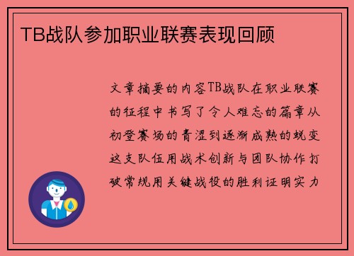 TB战队参加职业联赛表现回顾